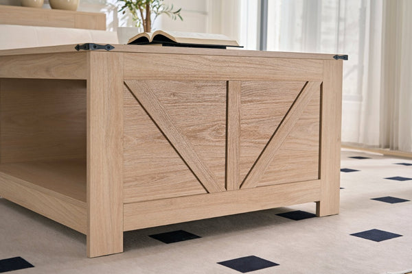 English Elm Coffee Table Square Rustic Wood Farmhouse Design with Half Open Storage Compartment Cream W2393P361558