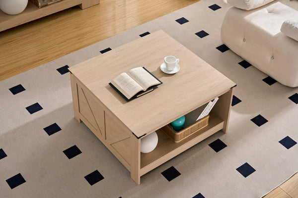 English Elm Coffee Table Square Rustic Wood Farmhouse Design with Half Open Storage Compartment Cream W2393P361558