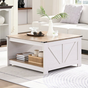 English Elm Coffee Table Square Rustic Wood Farmhouse Design with Half Open Storage Compartment Gray W2393P371006