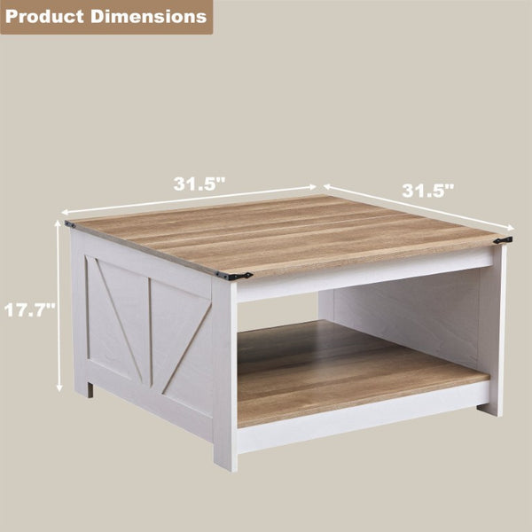 English Elm Coffee Table Square Rustic Wood Farmhouse Design with Half Open Storage Compartment Gray W2393P371006