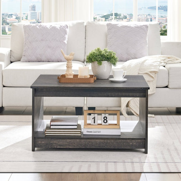English Elm Coffee Table Square Rustic Wood Farmhouse Design with Half Open Storage Compartment Oak W2393P371007