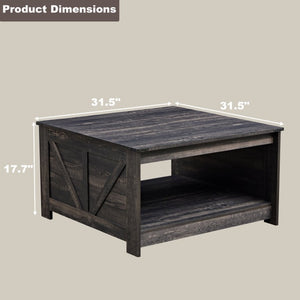 English Elm Coffee Table Square Rustic Wood Farmhouse Design with Half Open Storage Compartment Oak W2393P371007