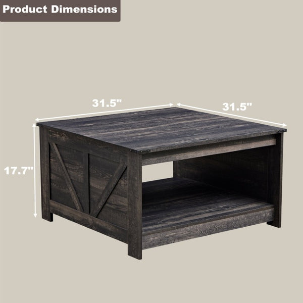 English Elm Coffee Table Square Rustic Wood Farmhouse Design with Half Open Storage Compartment Oak W2393P371007