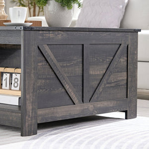 English Elm Coffee Table Square Rustic Wood Farmhouse Design with Half Open Storage Compartment Oak W2393P371007