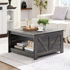 English Elm Coffee Table Square Rustic Wood Farmhouse Design with Half Open Storage Compartment Oak W2393P371007