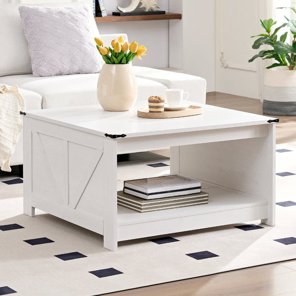 English Elm Coffee Table Square Rustic Wood Farmhouse Design with Half Open Storage Compartment White W2393P378242