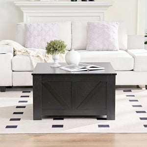English Elm Coffee Table Square Rustic Wood Farmhouse Design with Half Open Storage Compartment Black W2393P378243
