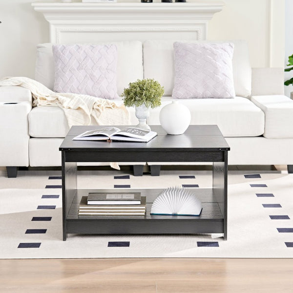 English Elm Coffee Table Square Rustic Wood Farmhouse Design with Half Open Storage Compartment Black W2393P378243