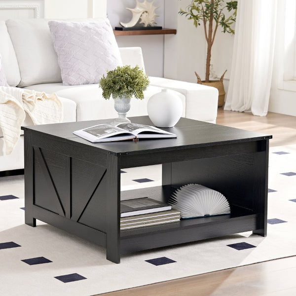 English Elm Coffee Table Square Rustic Wood Farmhouse Design with Half Open Storage Compartment Black W2393P378243