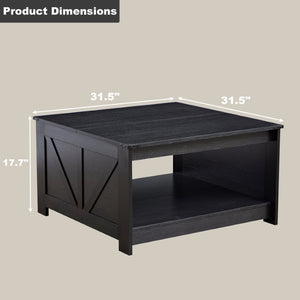 English Elm Coffee Table Square Rustic Wood Farmhouse Design with Half Open Storage Compartment Black W2393P378243
