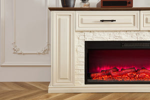 English Elm 70 Inch Farmhouse Entertainment Center with Built in Electric Fireplace and Fluted Panel Storage W2393P525280