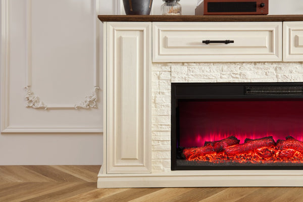 English Elm 70 Inch Farmhouse Entertainment Center with Built in Electric Fireplace and Fluted Panel Storage W2393P525280