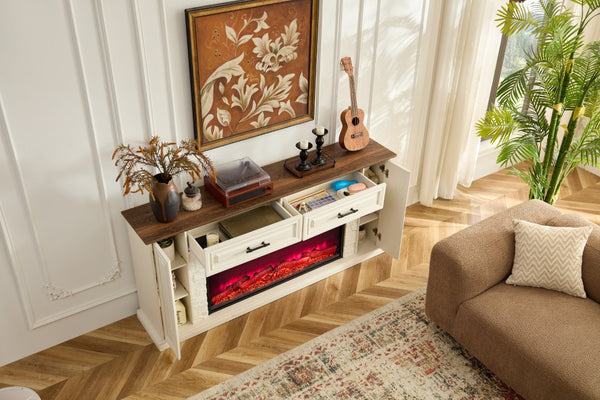 English Elm 70 Inch Farmhouse Entertainment Center with Built in Electric Fireplace and Fluted Panel Storage W2393P525280