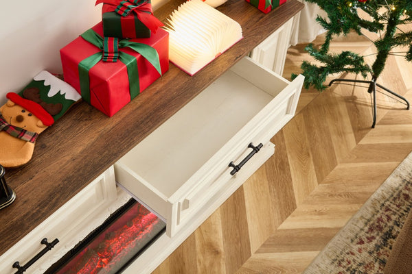 English Elm 70 Inch Farmhouse Entertainment Center with Built in Electric Fireplace and Fluted Panel Storage W2393P525280