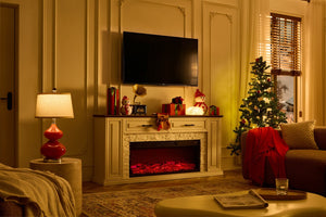 English Elm 70 Inch Farmhouse Entertainment Center with Built in Electric Fireplace and Fluted Panel Storage W2393P525280