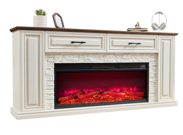 English Elm 70 Inch Farmhouse Entertainment Center with Built in Electric Fireplace and Fluted Panel Storage W2393P525280