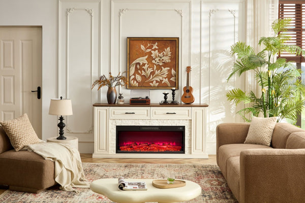 English Elm 70 Inch Farmhouse Entertainment Center with Built in Electric Fireplace and Fluted Panel Storage W2393P525280