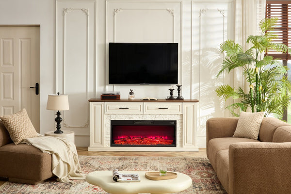 English Elm 70 Inch Farmhouse Entertainment Center with Built in Electric Fireplace and Fluted Panel Storage W2393P525280