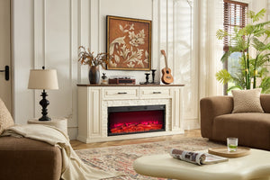 English Elm 70 Inch Farmhouse Entertainment Center with Built in Electric Fireplace and Fluted Panel Storage W2393P525280