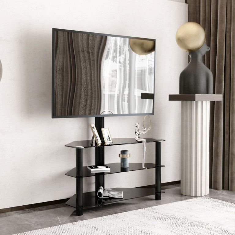 English Elm 35.4 Inch Floor TV Stand with Swivel Bracket Tempered Glass Shelves and Aluminum Pole W241104068