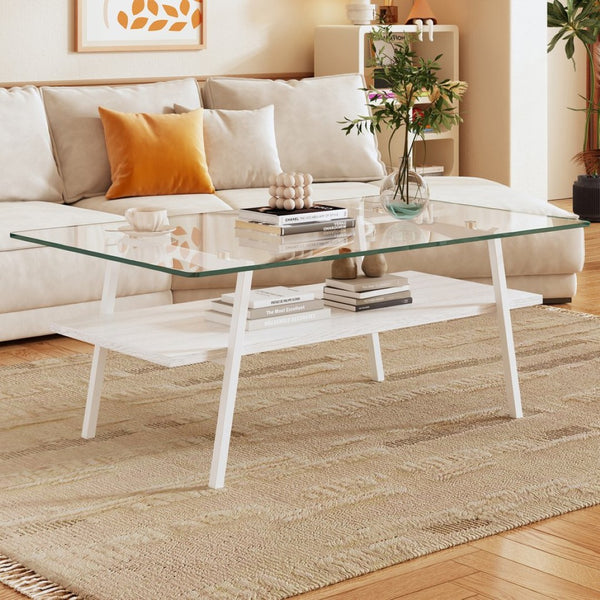 English Elm Rectangle Glass Coffee Table Two Tier Modern Design with White Iron Legs for Living Room W241126032