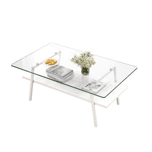 English Elm Rectangle Glass Coffee Table Two Tier Modern Design with White Iron Legs for Living Room W241126032