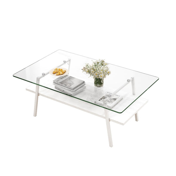 English Elm Rectangle Glass Coffee Table Two Tier Modern Design with White Iron Legs for Living Room W241126032