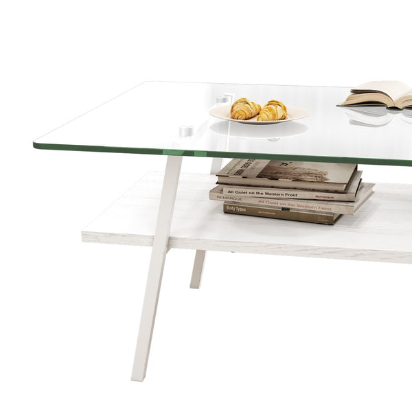 English Elm Rectangle Glass Coffee Table Two Tier Modern Design with White Iron Legs for Living Room W241126032