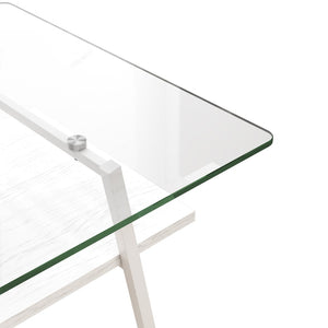English Elm Rectangle Glass Coffee Table Two Tier Modern Design with White Iron Legs for Living Room W241126032