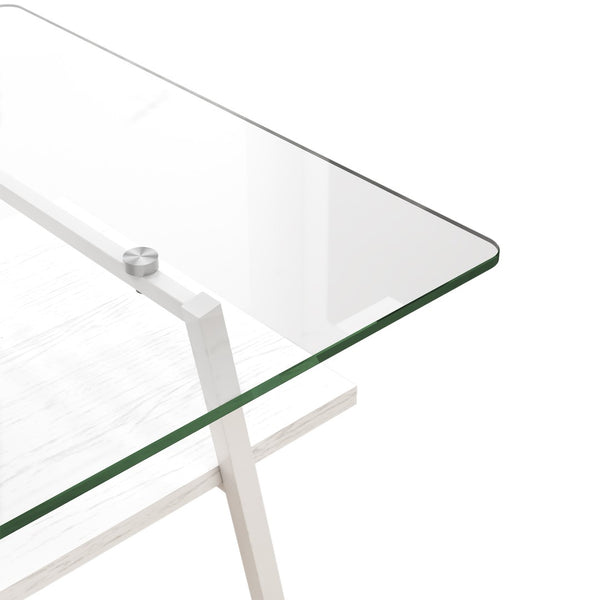 English Elm Rectangle Glass Coffee Table Two Tier Modern Design with White Iron Legs for Living Room W241126032