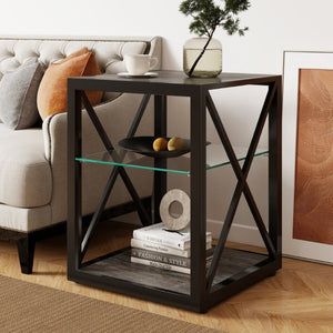 English Elm 1 Piece Industrial Side Table with Tempered Glass Top Three Tier Wood Grain Storage W241P246915