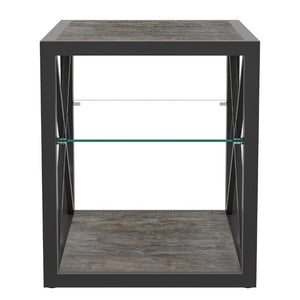 English Elm 1 Piece Industrial Side Table with Tempered Glass Top Three Tier Wood Grain Storage W241P246915