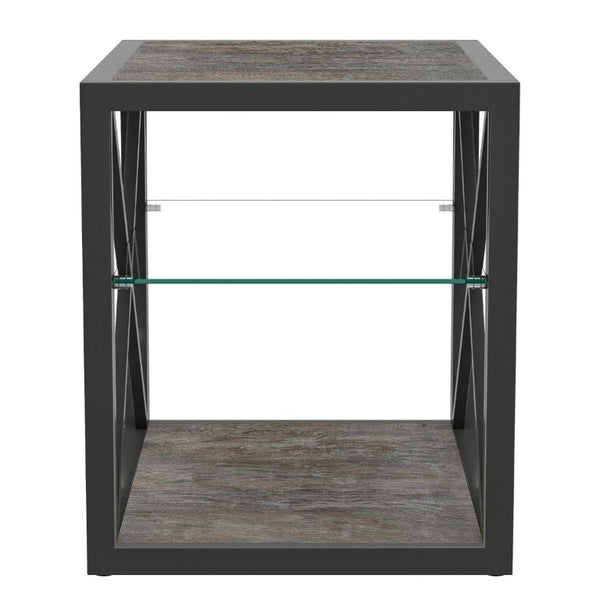 English Elm 1 Piece Industrial Side Table with Tempered Glass Top Three Tier Wood Grain Storage W241P246915