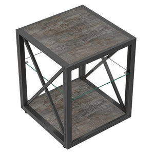 English Elm 1 Piece Industrial Side Table with Tempered Glass Top Three Tier Wood Grain Storage W241P246915