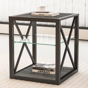 English Elm 1 Piece Industrial Side Table with Tempered Glass Top Three Tier Wood Grain Storage W241P246915