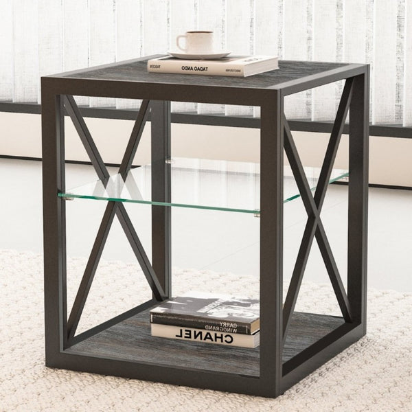 English Elm 1 Piece Industrial Side Table with Tempered Glass Top Three Tier Wood Grain Storage W241P246915