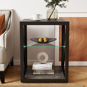 English Elm 1 Piece Industrial Side Table with Tempered Glass Top Three Tier Wood Grain Storage W241P246915
