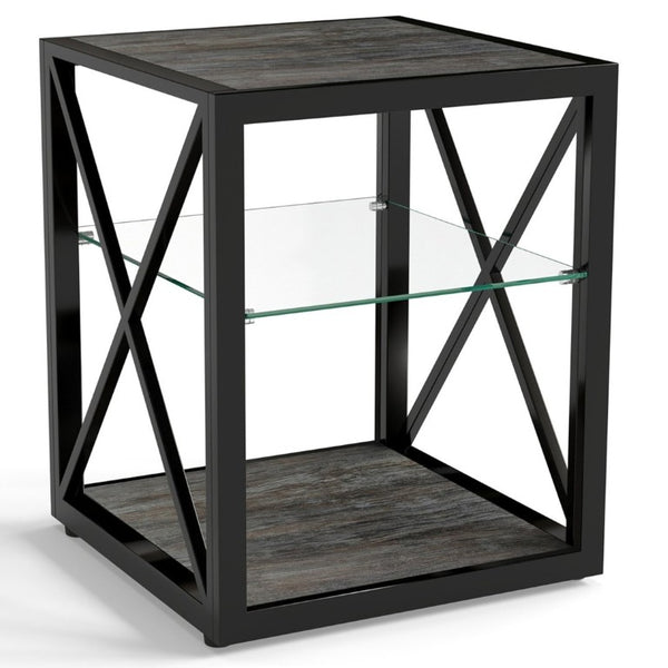 English Elm 1 Piece Industrial Side Table with Tempered Glass Top Three Tier Wood Grain Storage W241P246915