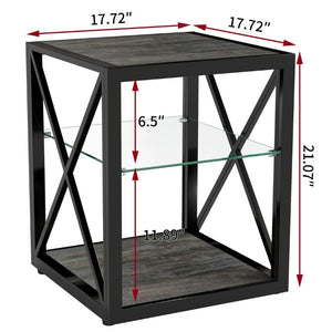 English Elm 1 Piece Industrial Side Table with Tempered Glass Top Three Tier Wood Grain Storage W241P246915