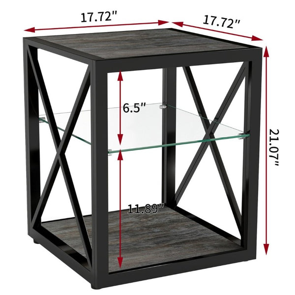 English Elm 1 Piece Industrial Side Table with Tempered Glass Top Three Tier Wood Grain Storage W241P246915