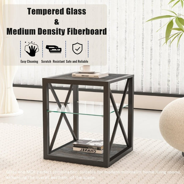 English Elm 1 Piece Industrial Side Table with Tempered Glass Top Three Tier Wood Grain Storage W241P246915