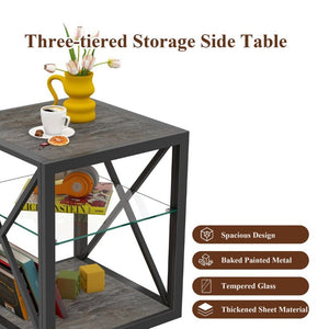 English Elm 1 Piece Industrial Side Table with Tempered Glass Top Three Tier Wood Grain Storage W241P246915