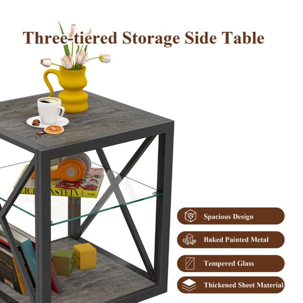 English Elm 1 Piece Industrial Side Table with Tempered Glass Top Three Tier Wood Grain Storage W241P246915