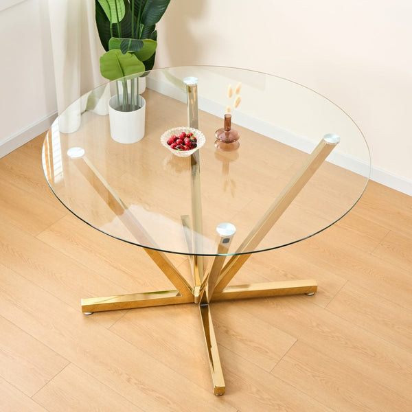 English Elm 45.27Round Glass Dining Table Gold Metal Base Seats Six Open Airy Modern Kitchen W241P391277