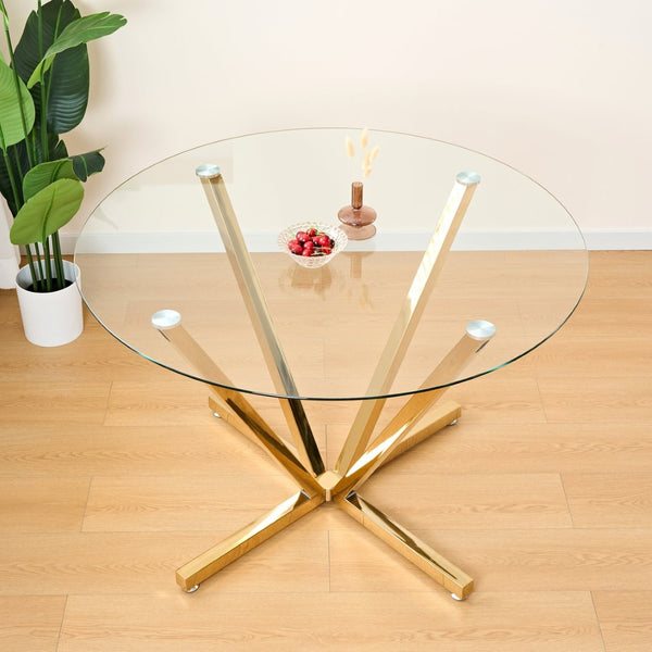 English Elm 45.27Round Glass Dining Table Gold Metal Base Seats Six Open Airy Modern Kitchen W241P391277