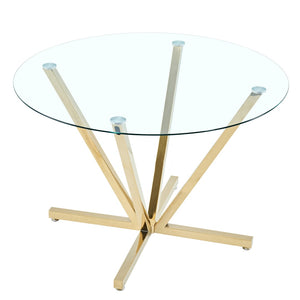 English Elm 45.27Round Glass Dining Table Gold Metal Base Seats Six Open Airy Modern Kitchen W241P391277