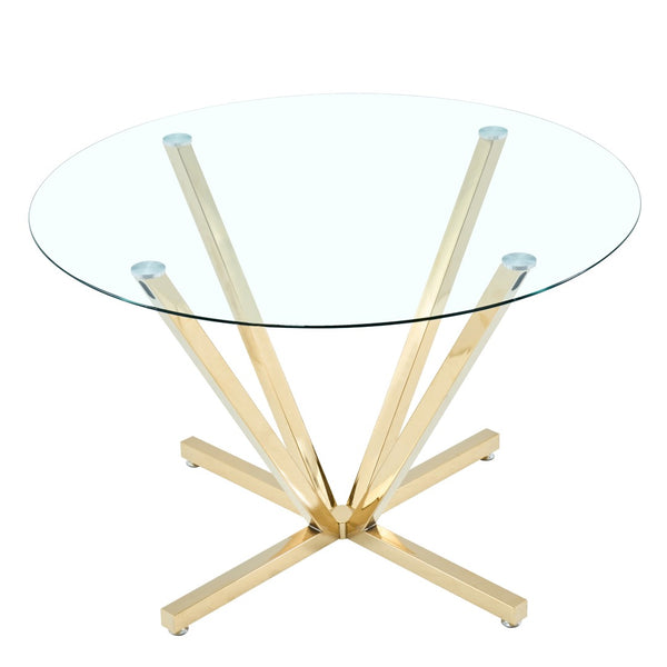English Elm 45.27Round Glass Dining Table Gold Metal Base Seats Six Open Airy Modern Kitchen W241P391277