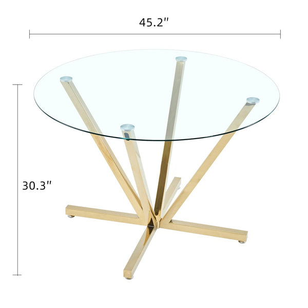 English Elm 45.27Round Glass Dining Table Gold Metal Base Seats Six Open Airy Modern Kitchen W241P391277