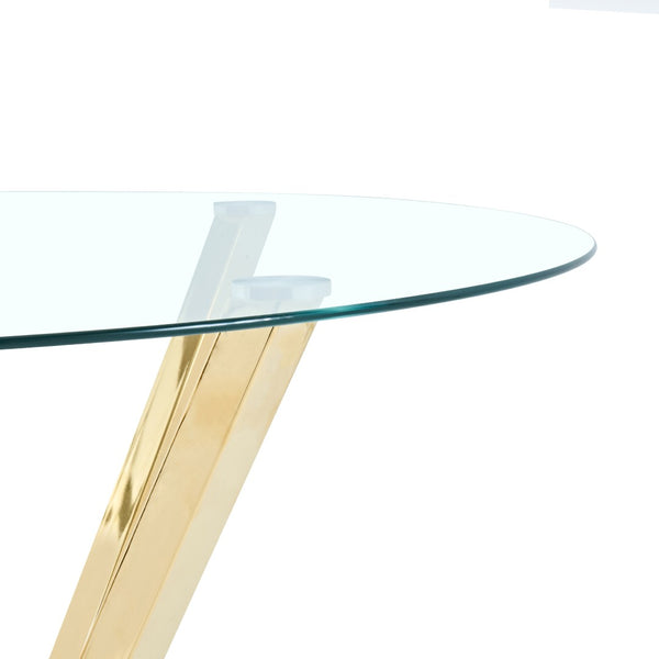 English Elm 45.27Round Glass Dining Table Gold Metal Base Seats Six Open Airy Modern Kitchen W241P391277