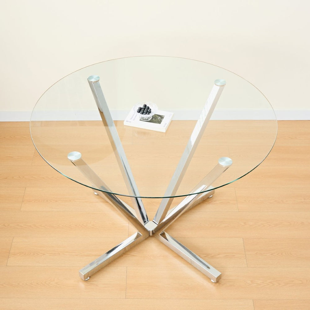 English Elm 45.27Round Glass Dining Table with Chrome Spoke Base Seats 4 to 6 Open Modern Style W241P391282